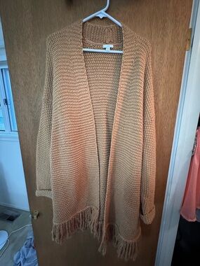 J. Jill Camel Fringe Open-Front Knit Cardigan